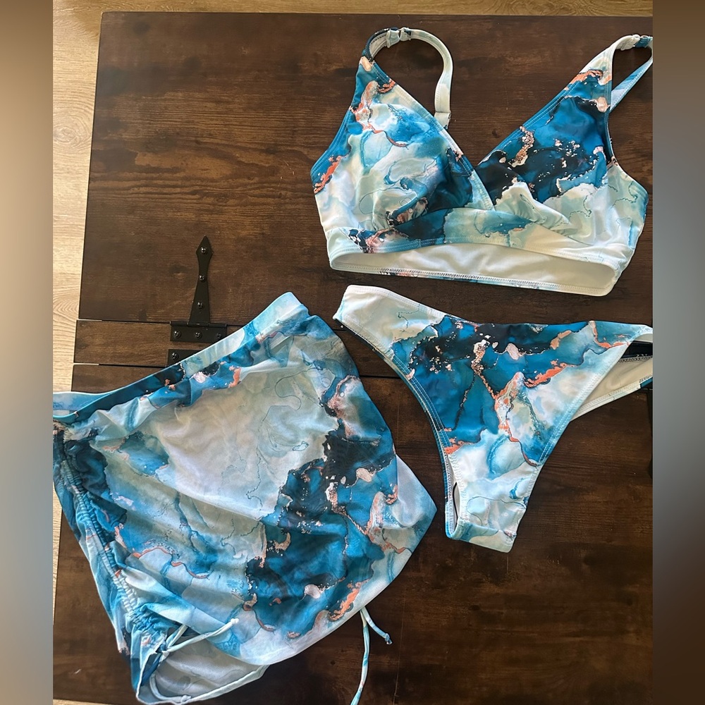 Blue and White Bikini Set with Cover-Up